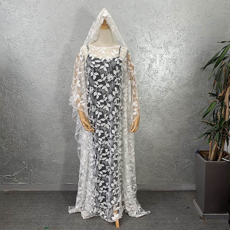 Lace Embroidery Loose Plus Size Robe Including Headscarf Dress - Mubimart