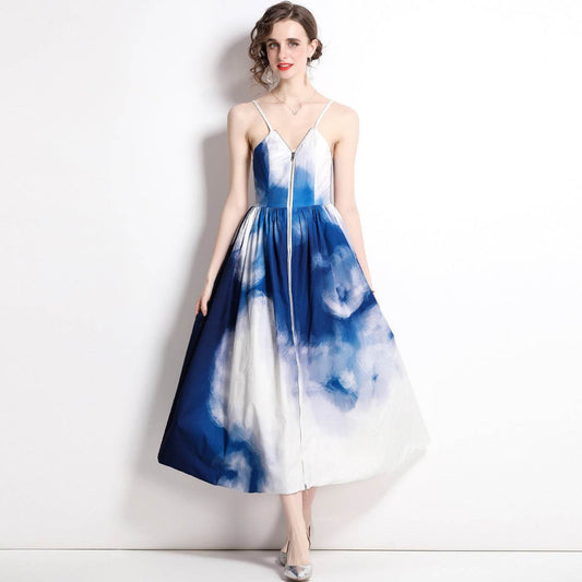 Tie Dye Printed Waist Dress Slip Dress - Mubimart