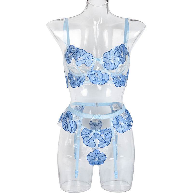 Embroidered Tie Bowknot Garter Belt Three-piece Sexy Suit - Mubimart