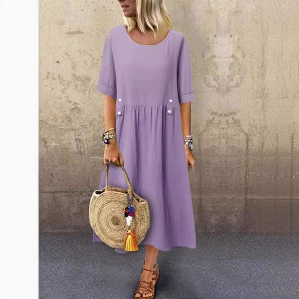 Plus Size Casual Round Neck Shirt With Half Sleeve Button Dress Women - Mubimart -  