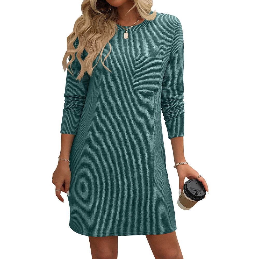 New Solid Color Striped With Pockets Long Sleeve Dress Fashion Round Neck Straight Dress Women's Clothing - Mubimart