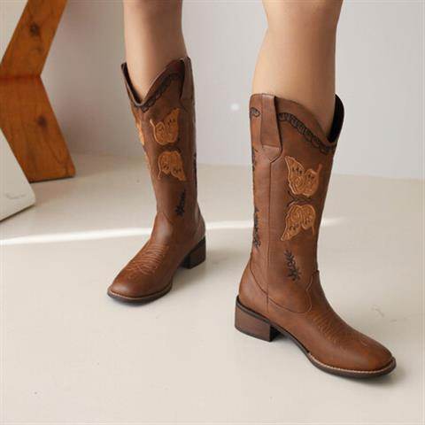Embroidered Square Toe Mid-heel Boots For Women - Mubimart