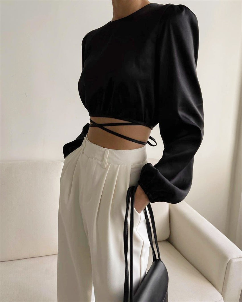 New Lace-up Backless Design Sense Short Section Sexy Navel Long-sleeved Tops Europe And The United States Women Blouses - Mubimart -  