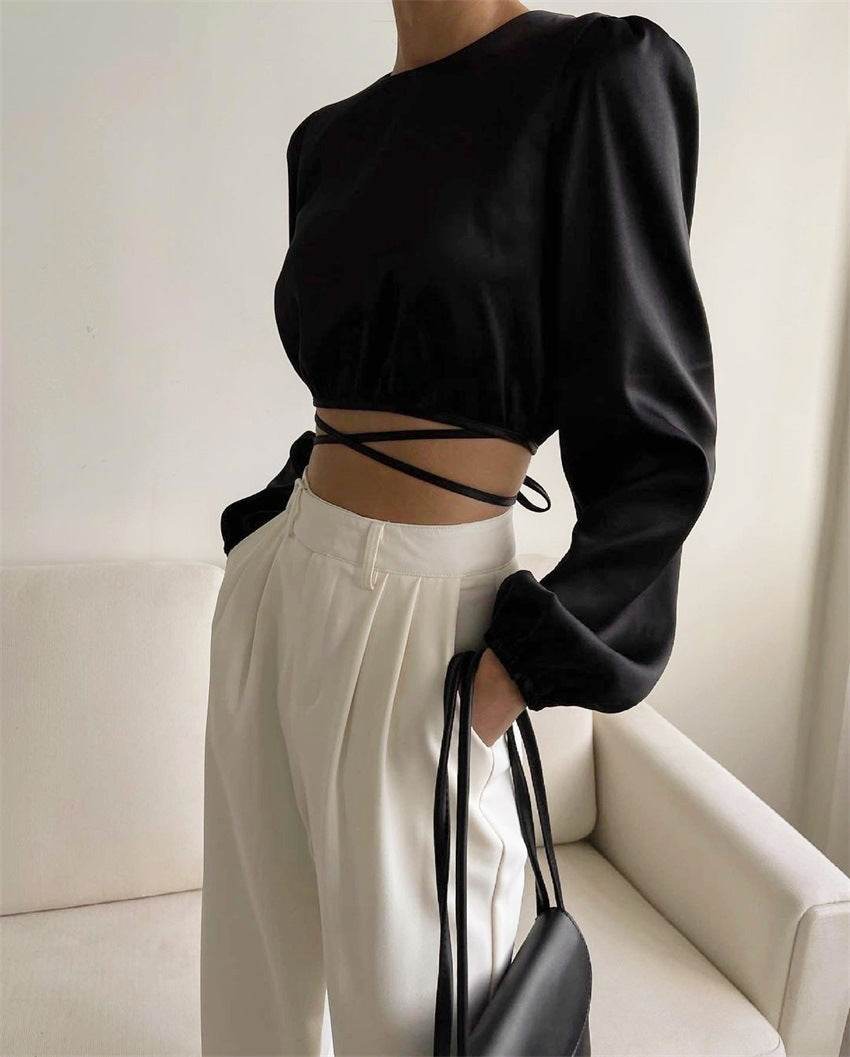New Lace-up Backless Design Sense Short Section Sexy Navel Long-sleeved Tops Europe And The United States Women Blouses - Mubimart