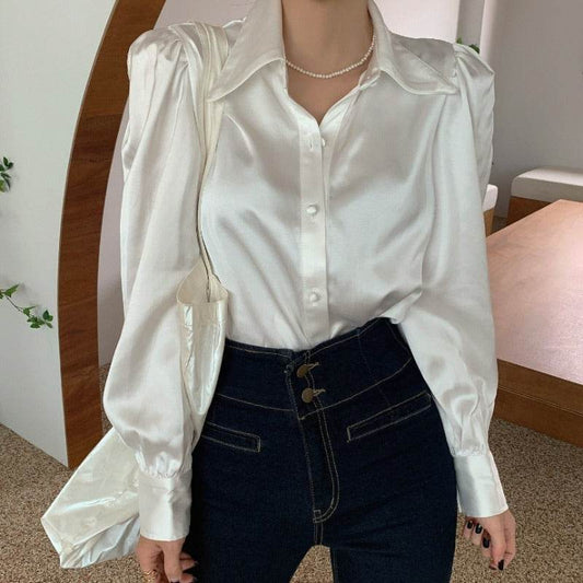 Puff Sleeve Lapel Loose All-match Shirt Blouse Women - Mubimart