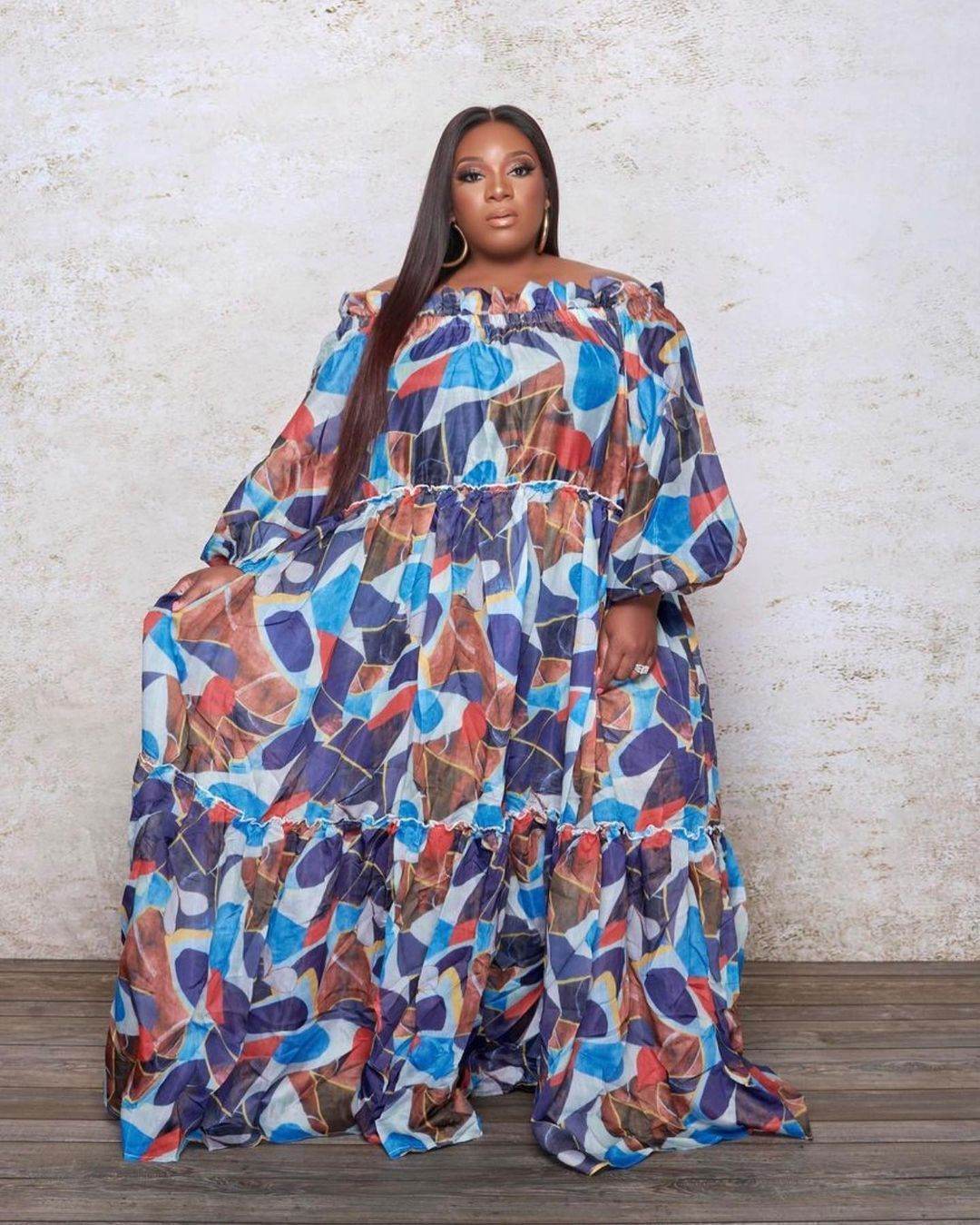 Women's Loose Large Size Digital Printing Oversized Hem Collar Maxi Dress - Mubimart