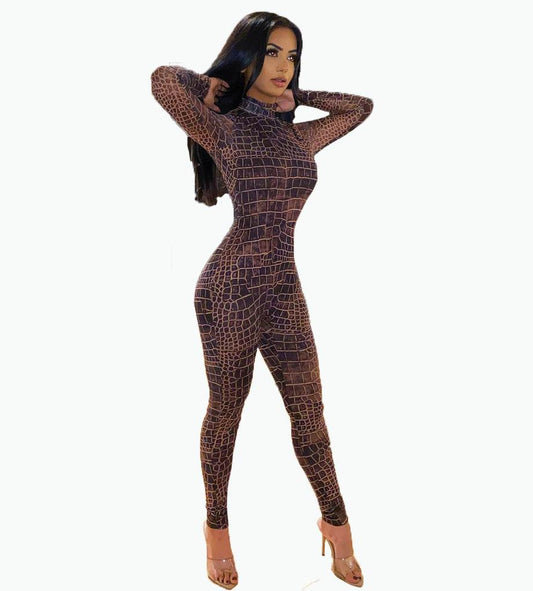 Plus Size Women's Crocodile Skin Pattern Mesh Jumpsuit - Mubimart