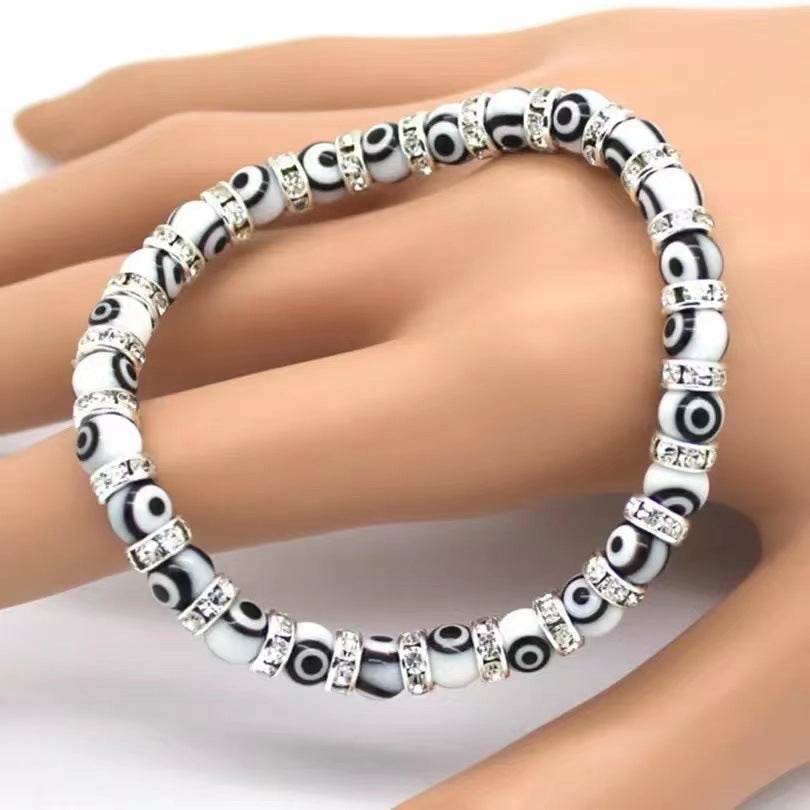 6mm Glass Beaded Alloy Diamond Beaded Elastic Bracelet for Women - Mubimart