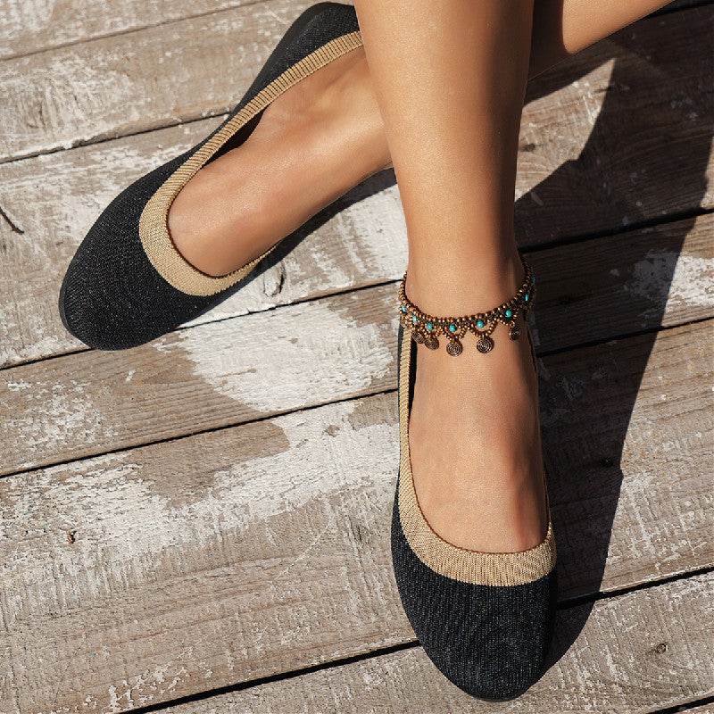 Knit Breathable Low-cut Pumps Flat Round Toe Slip-on Flying Woven Lazy Work Shoes - Mubimart