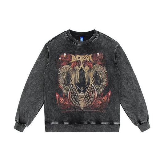 High Street Round Neck Sweater Mens Tide Brand Retro Wash Old Dark Print Loose - Mubimart