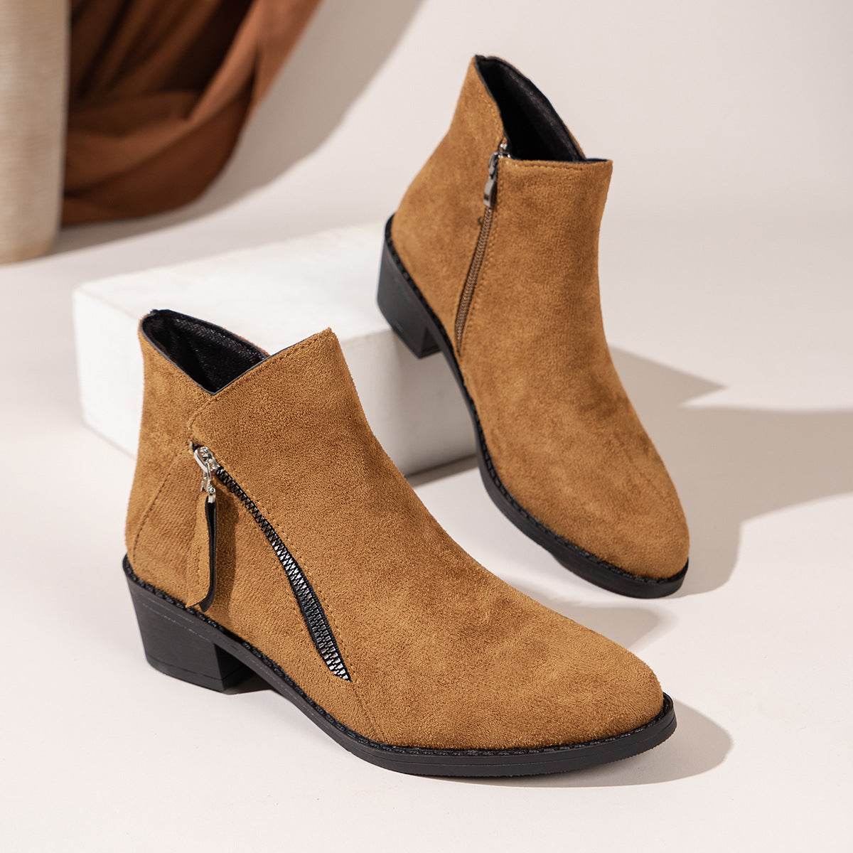 Women's Suede Rubber Cloth Fashion Boots Chunky Heel Booties - Mubimart