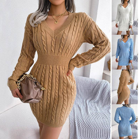Solid Color V-Neck Long Sleeve Knit Dress Ins Fashion Slim Waisted Hip Dress Womens Clothing - Mubimart