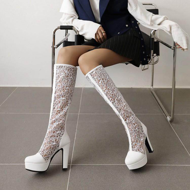 Summer Lace Thick High Heel Platform Women's High-top Mesh Sandal Boots - Mubimart