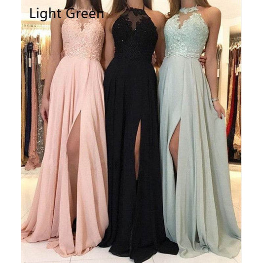 Halter Lace Chiffon Dress Prom Evening Dress Split Long Skirt - Mubimart