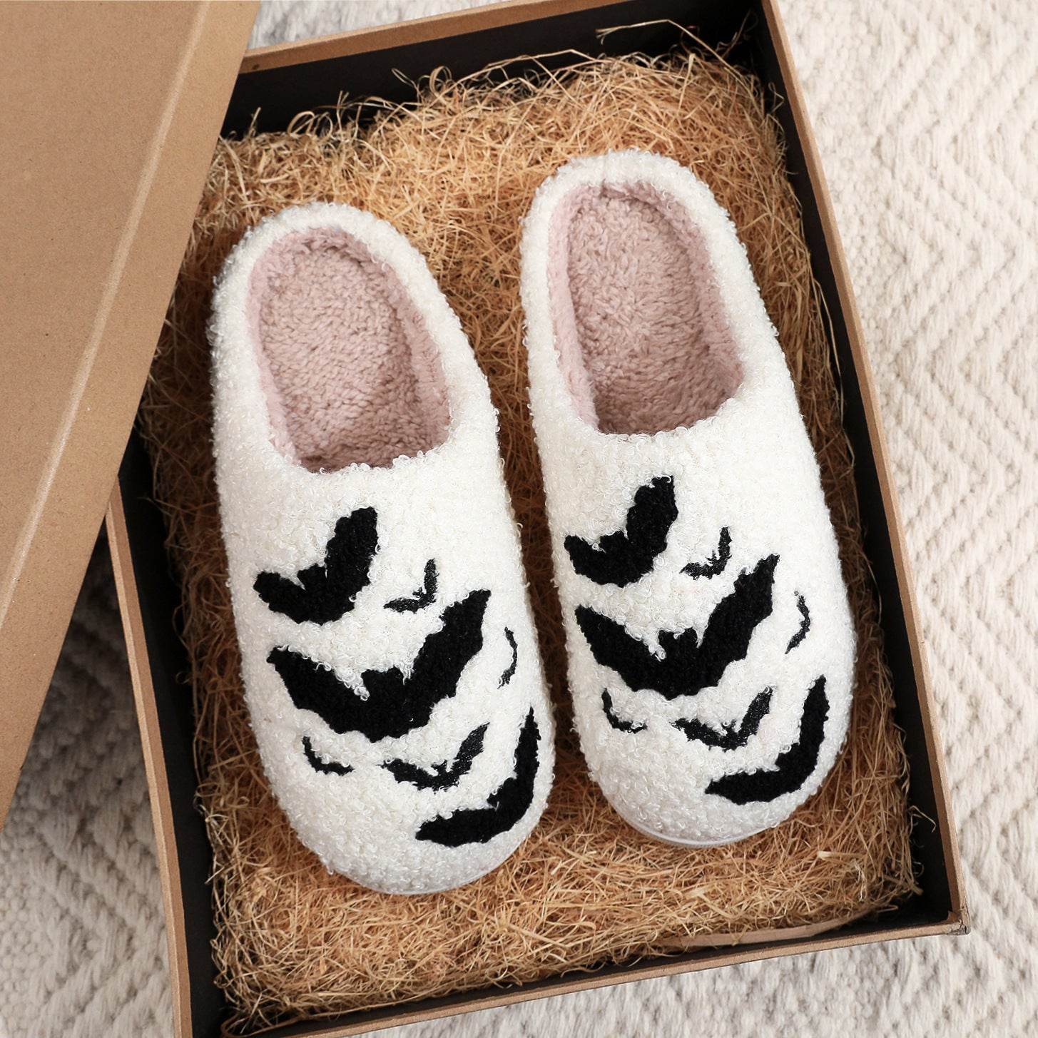 Funny Bat Slipper Halloween Pumpkin Flat Indoor House Shoes For Women Men Soft Plush Cozy Horror Fashion Halloween Gifts - Mubimart