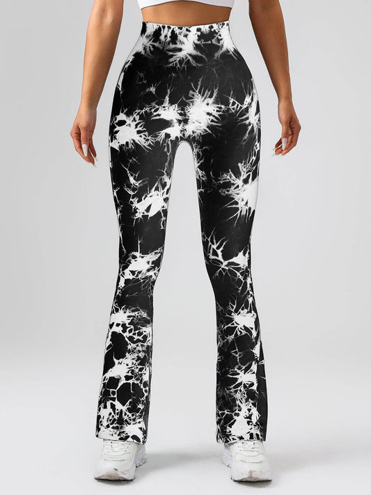 High-Waist Tummy Control Flare Yoga Pants For Women, Tie-Dye Stretch Slimming Bootcut Workout Pants, Fitness & Sports Activewear - Mubimart