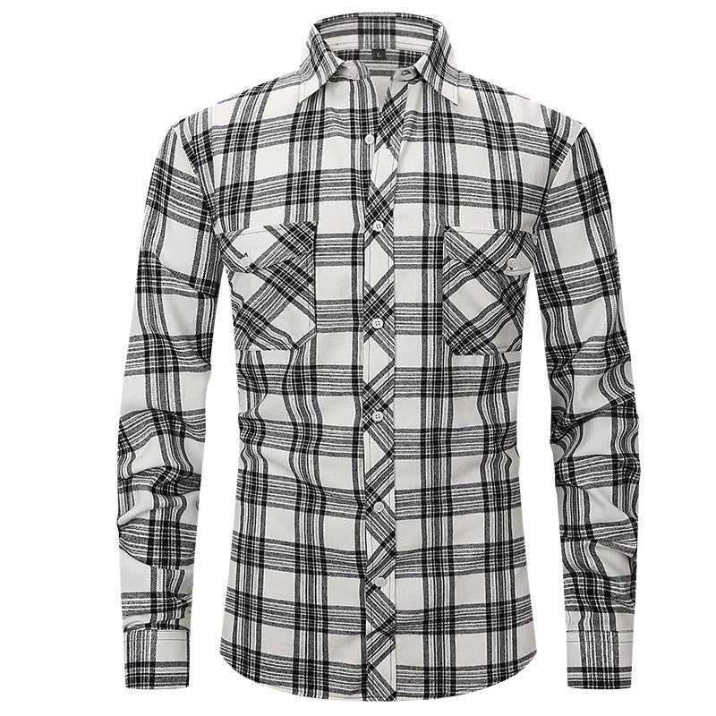 Men's Long Sleeve Double Pocket Flannel Shirt With Brushed Plaid