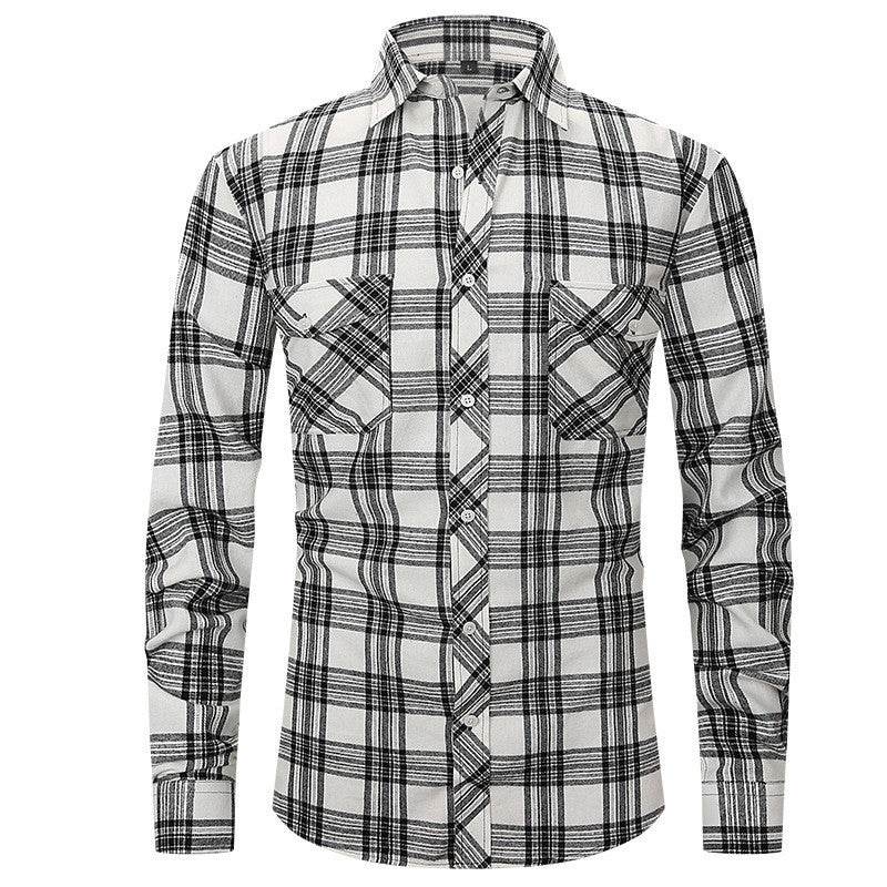 Men's Long Sleeve Double Pocket Flannel Shirt With Brushed Plaid - Mubimart