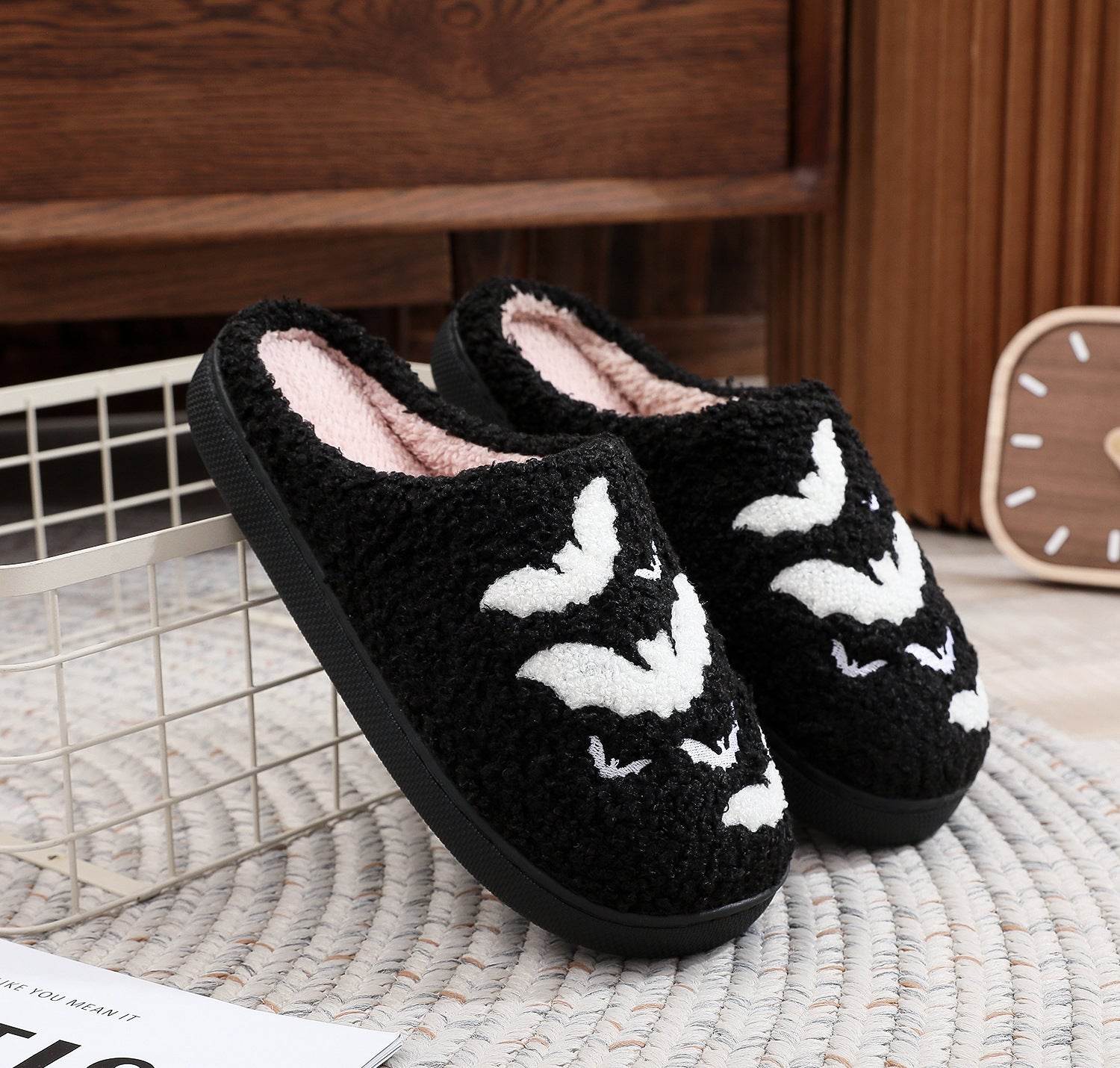 Funny Bat Slipper Halloween Pumpkin Flat Indoor House Shoes For Women Men Soft Plush Cozy Horror Fashion Halloween Gifts - Mubimart