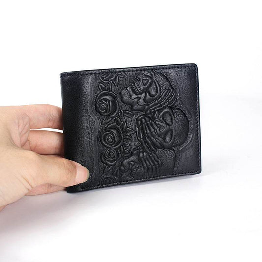 Rose Skull Leather Wallet Horizontal And Vertical Business Short Men's Business Casual Wallet - Mubimart