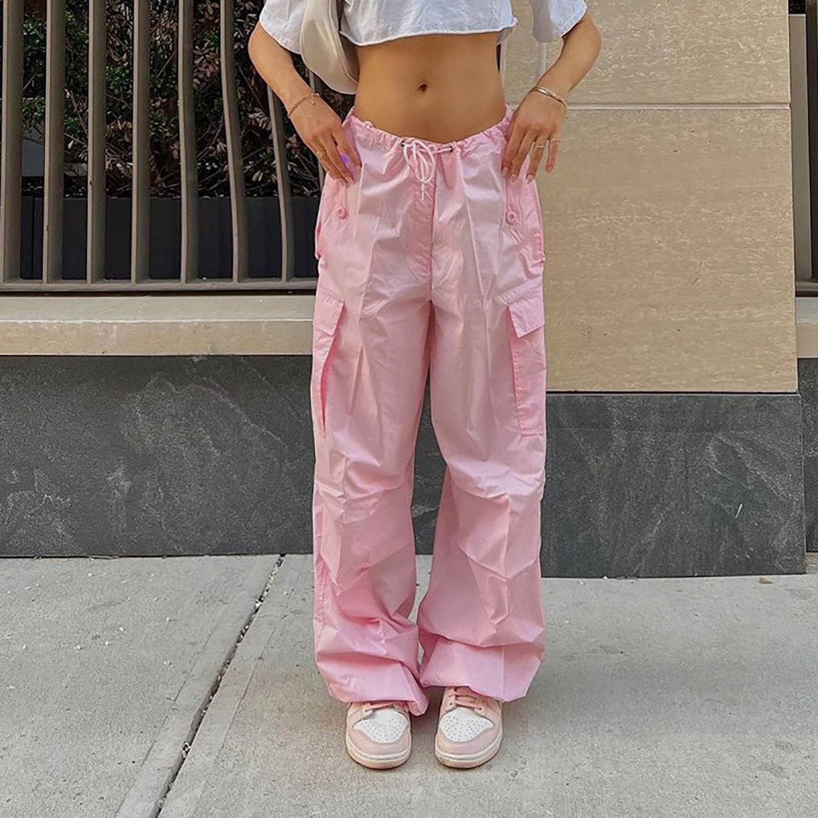 Casual Cargo Pants For Women Solid Color Drawstring Pocket Design Fashion Street Trousers Girls - Mubimart