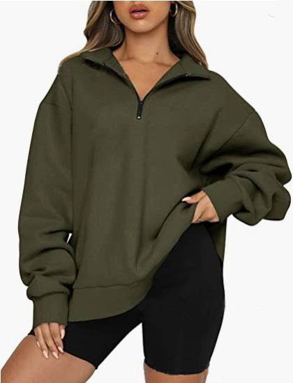 Women Sweatshirts Zip Turndown Collar Loose Casual Tops Clothes - Mubimart