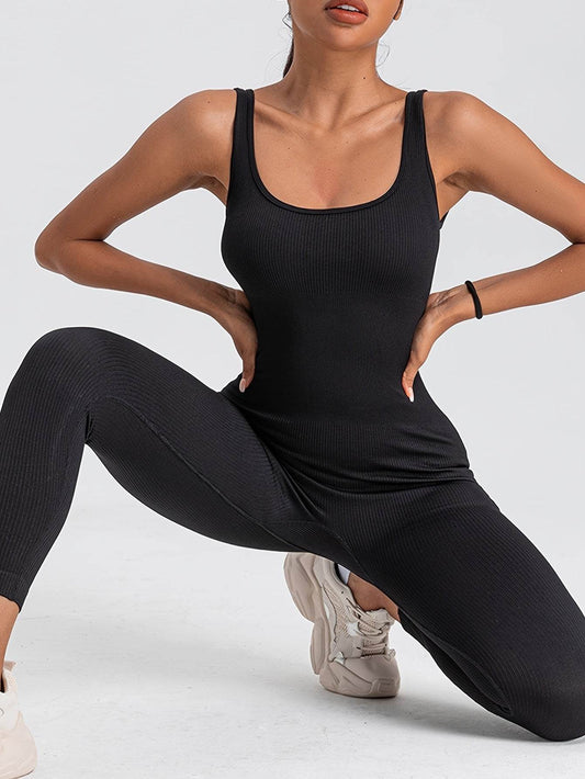 Women's Ribbed Solid Color One Piece Jumpsuit, Form-Fitting Sensual Activewear, Classic Sleeveless Full-Length Pants For Sport Casual Wear - Mubimart
