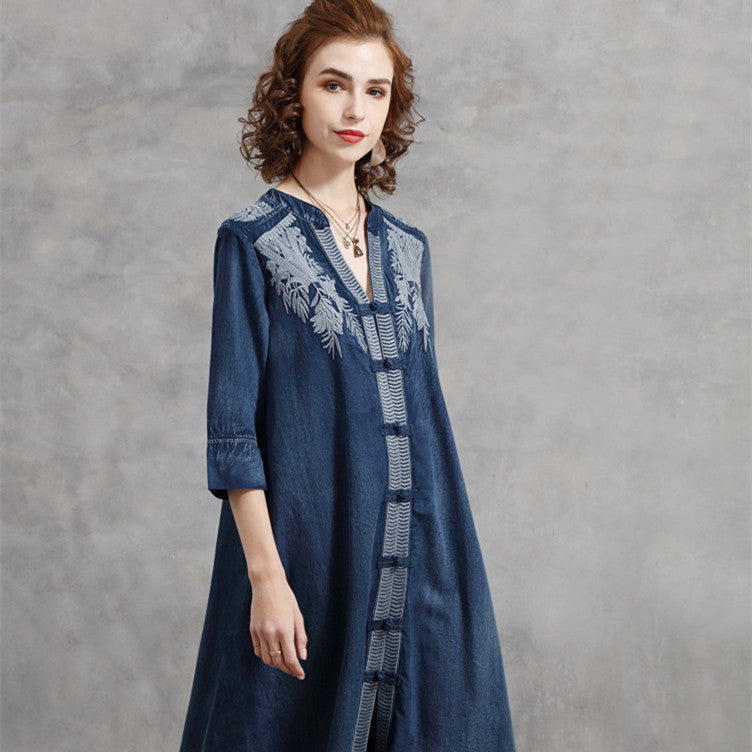 Embroidered Plus Size Women's Mid-sleeve Denim Dress - Mubimart -  