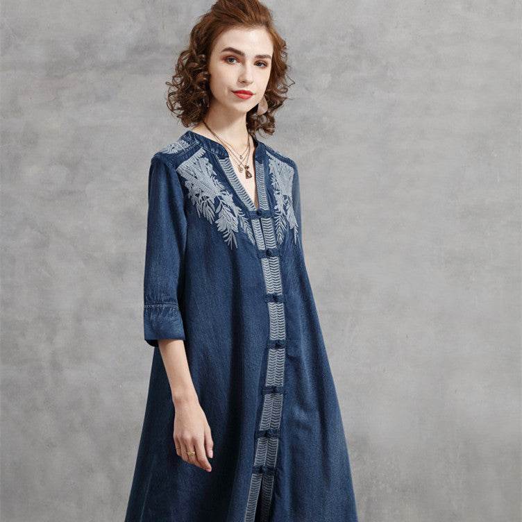 Embroidered Plus Size Women's Mid-sleeve Denim Dress - Mubimart