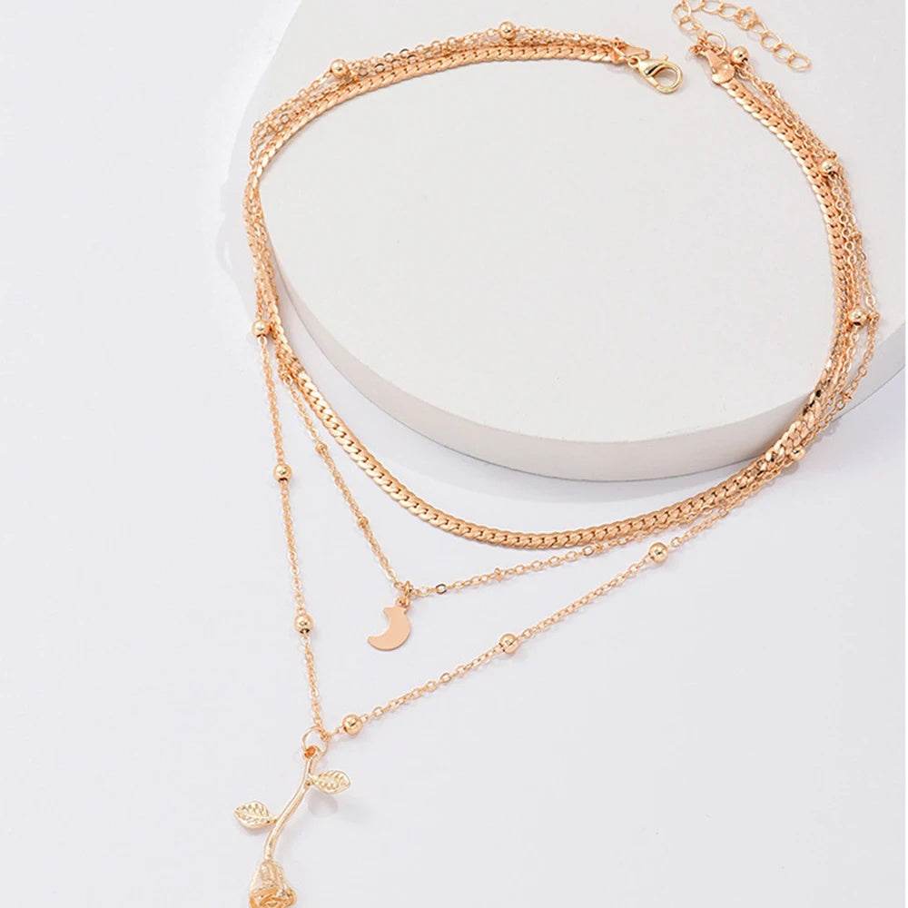 Bohemia Multilayer Moon Gold Color Pendant Necklaces For Women Rose Flower Choker Necklace 2025 Fashion Jewelry Party Gift Valentine's Day Gifts - Mubimart
