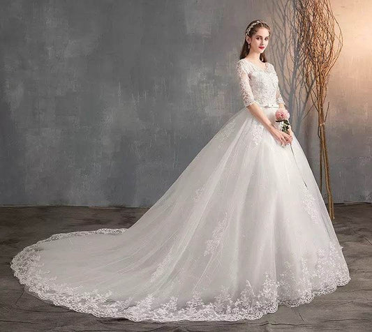 Half Sleeve Wedding Dresses Long Train Bridal Gown - Mubimart