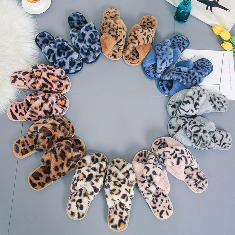 Cross-strap Fuzzy Slippers Leopard Plush House Shoes Flat Bedroom Slippers Slippers For Women - Mubimart -  