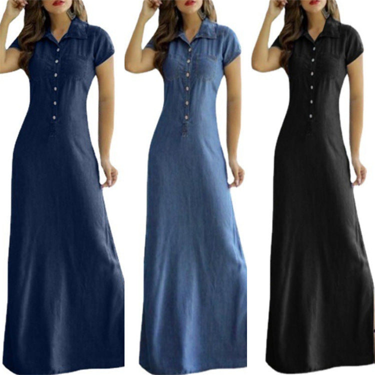 Shirt Collar Slit Pocket Large Swing Skirt Plus Size Denim Dress - Mubimart -  