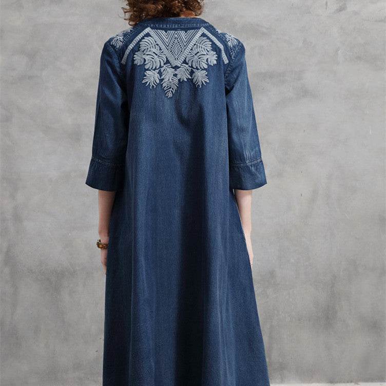 Embroidered Plus Size Women's Mid-sleeve Denim Dress - Mubimart