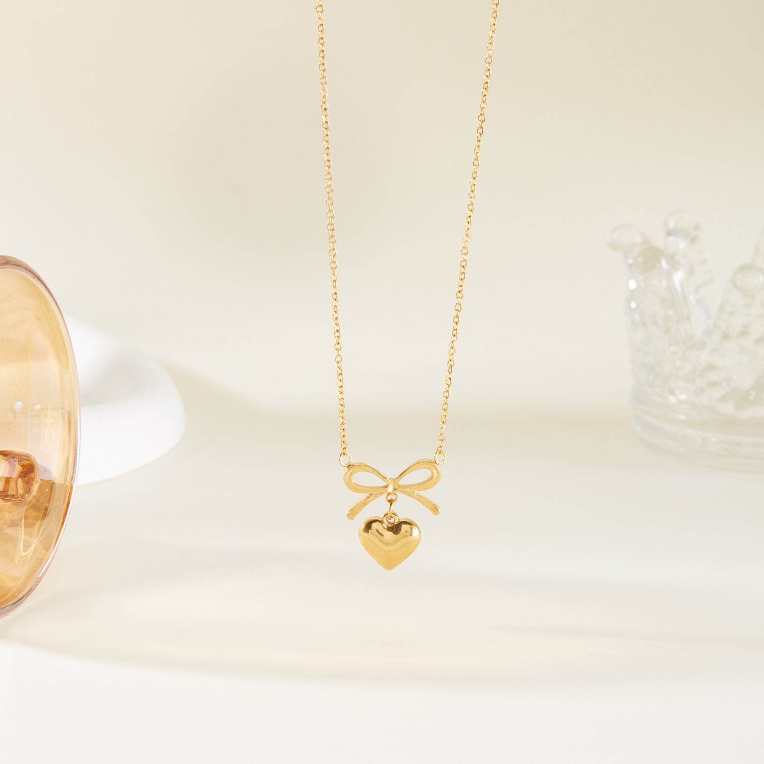 Stainless Steel New Fashion Fine Waterproof Jewelry Love Heart Bowknot Shape Charm Chain Choker Necklaces Pendant For Women Fashion Jewelry - Mubimart