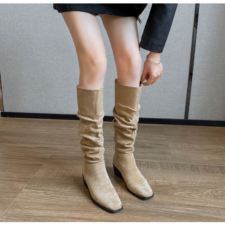 French Mid-calf Thin Western Denim Boots - Mubimart