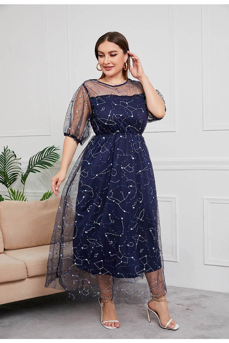 Plus Size Dress Evening Dress Women's Mesh Embroidered Midi Dress - Mubimart