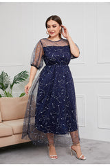 Plus Size Dress Evening Dress Women's Mesh Embroidered Midi Dress - Mubimart -  