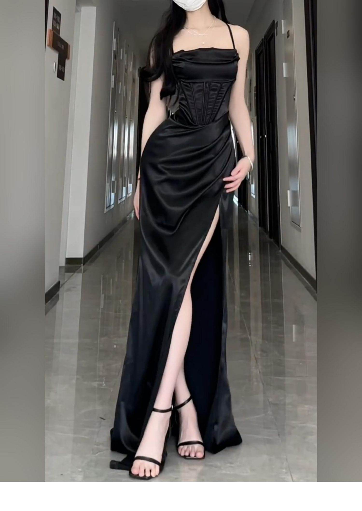 Long Formal Plus Size Black Slit Sling Dress - Mubimart