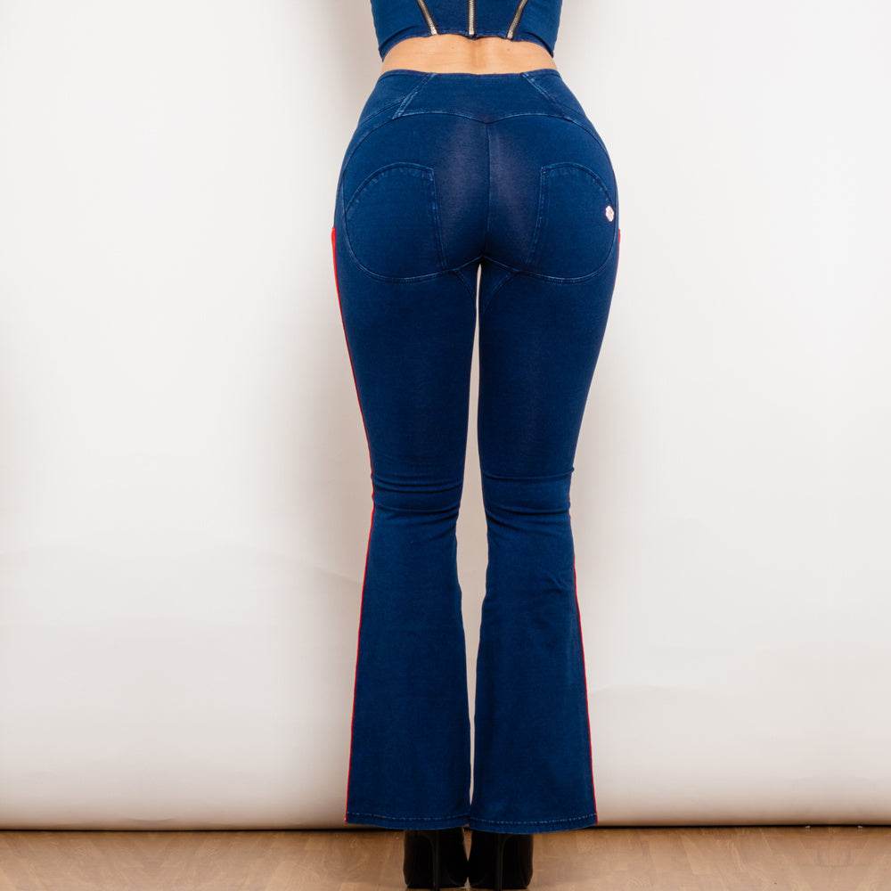 Shascullfites Melody Dark Blue Striped Flared Lift Jeggings Button Up Jeans Bum Lift Jeans High Waist Flare Jeans Women - Mubimart