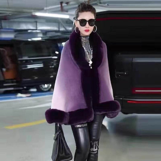 Plus Size Women's Knit Cardigan Jacket Fur Collar Gradient Shawl Cape - Mubimart