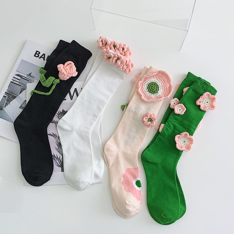 Handmade Flowers Calf Socks Women's Cotton Long Tube Internet Celebrity INS Tide High Tube JK Knee-length Calf Socks - Mubimart -  