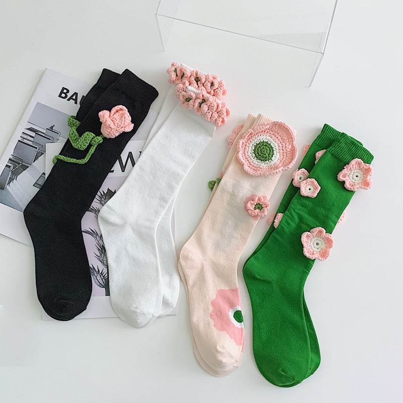 Handmade Flowers Calf Socks Women's Cotton Long Tube Internet Celebrity INS Tide High Tube JK Knee-length Calf Socks - Mubimart