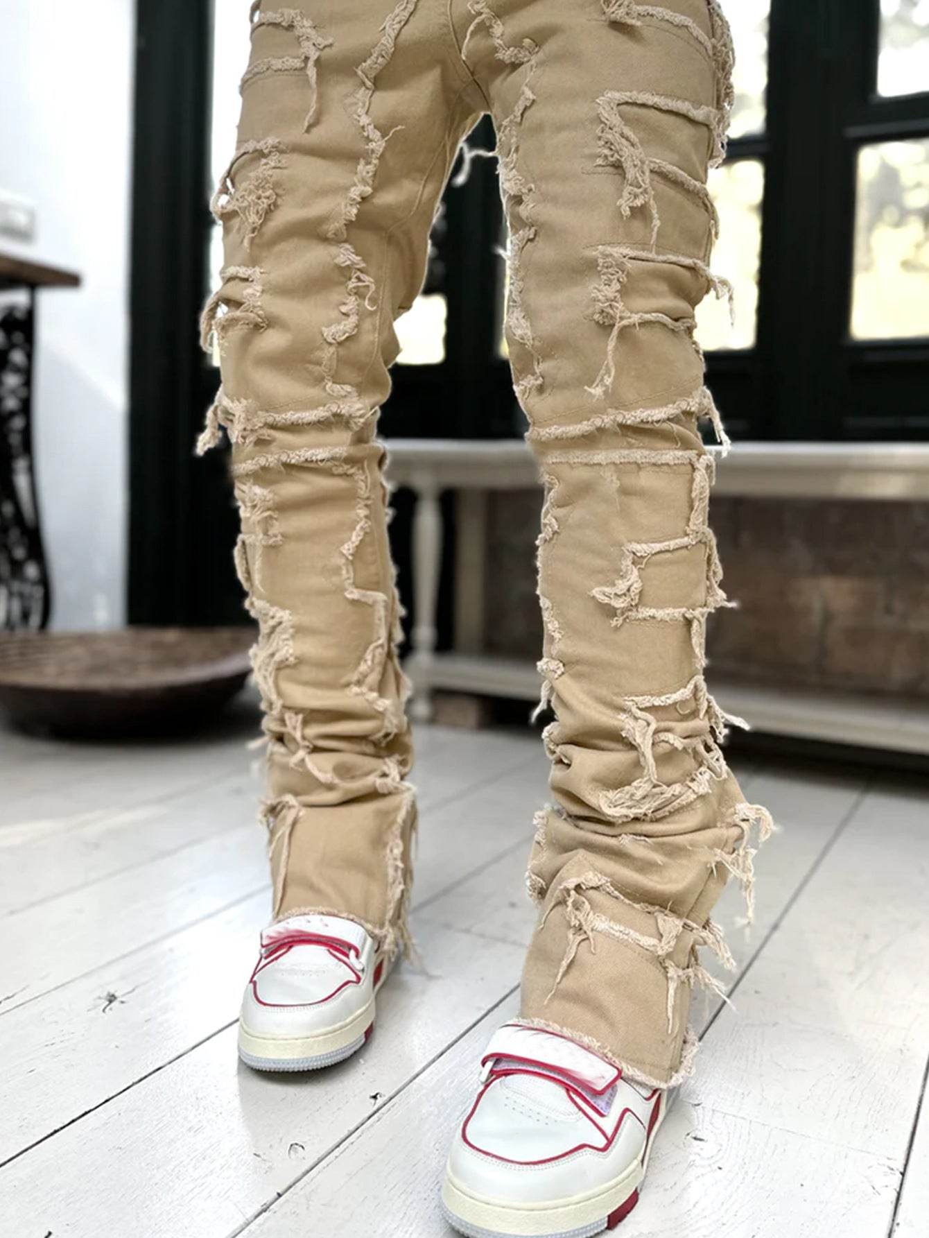 Men Trousers Individual Patched Pants Long Tight Fit Stacked Jeans For Mens Clothing - Mubimart