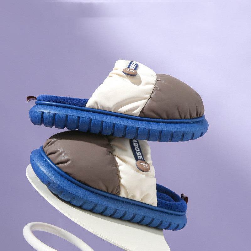 Mixed-color Down Cotton Slippers Winter Warm Indoor Non-slip Couple Thick-soled Home Shoes For Women Fashion Fuzzy House Slipper - Mubimart