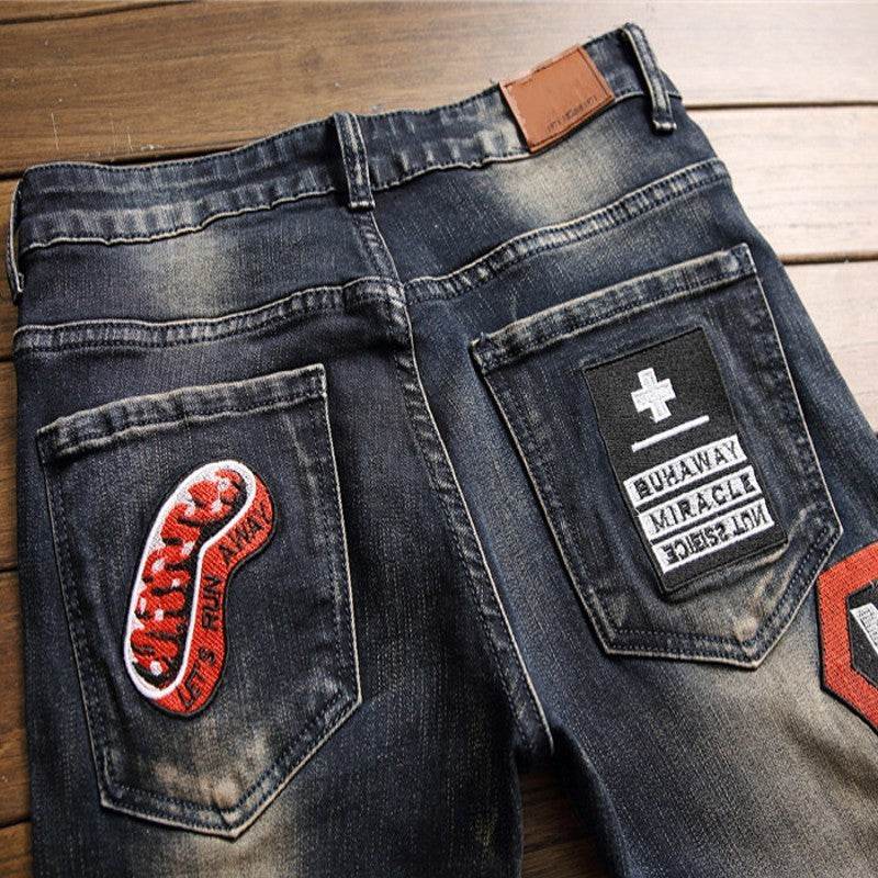 Ripped Jeans Men's Badge Patch Jeans - Mubimart