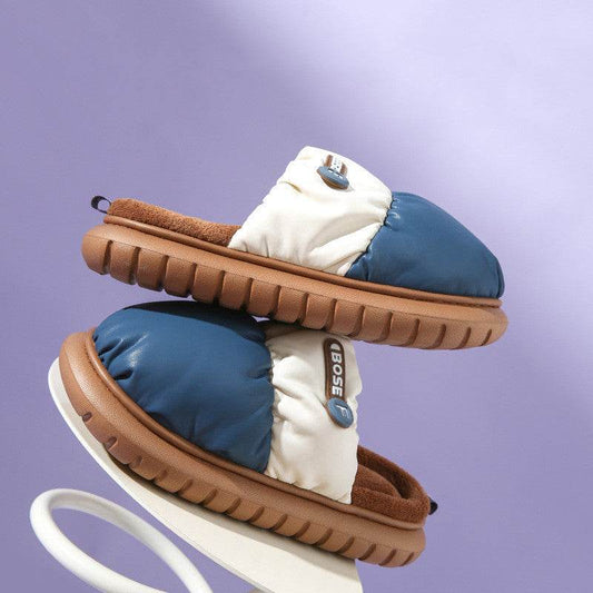 Mixed-color Down Cotton Slippers Winter Warm Indoor Non-slip Couple Thick-soled Home Shoes For Women Fashion Fuzzy House Slipper - Mubimart
