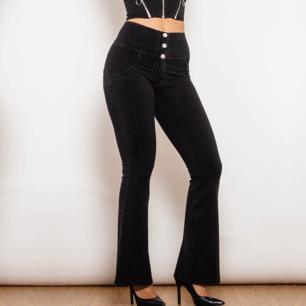 Shascullfites Melody Black Flared Lift Jeggings Button Up Flare Jeans Shaping Bum Lift Pants High Waist Jeans Women - Mubimart