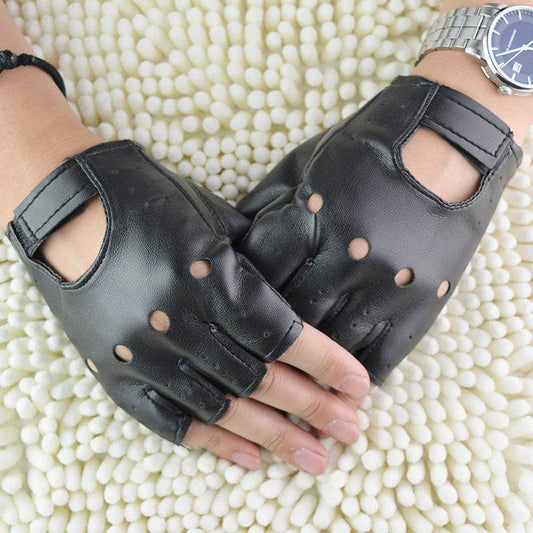 Men's Half Finger Hollow Leather Gloves - Mubimart