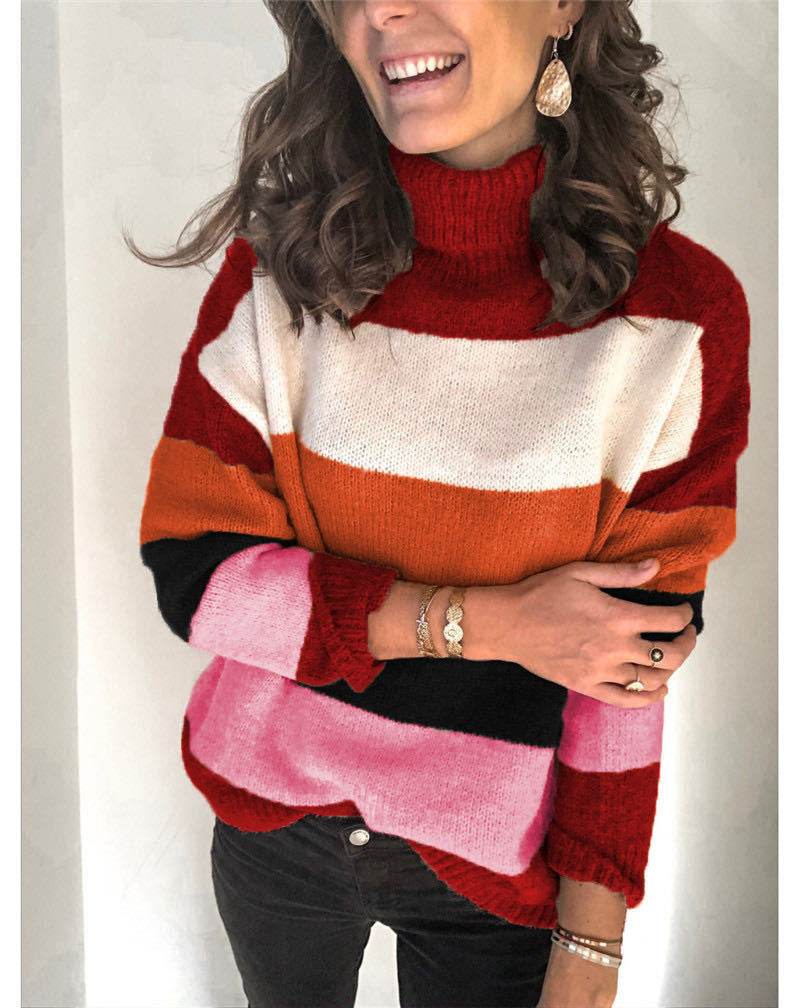 Turtleneck Stitching Knitted Sweater OL Large Size Striped Sweater - Mubimart